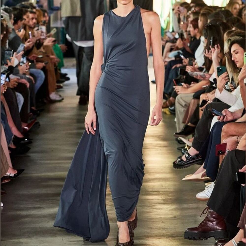 Mondepars Women’s Sleeveless Open Back Navy Train Bodycon Gown Maxi Dress Sz 36